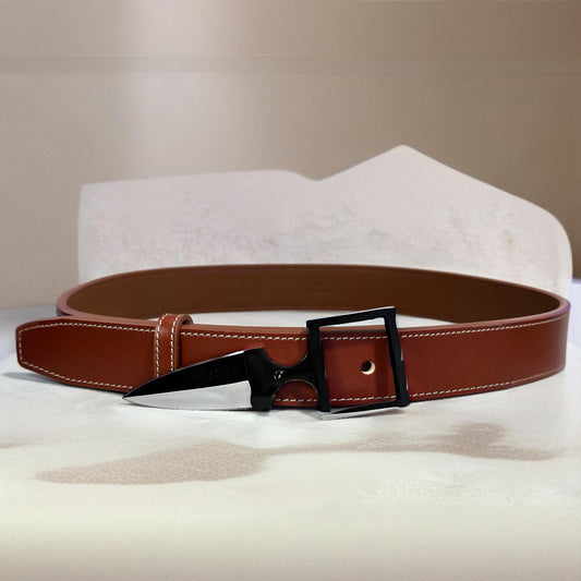 Brown full-grain leather belt with a black knife that is also a buckle and is hidden in the belt, displayed on a neutral background.